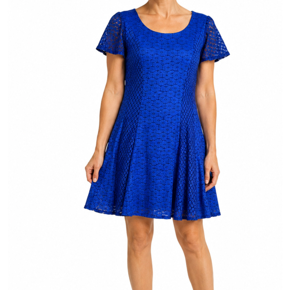 Danny & Nicole Dress Womens Size 14P Blue Lace Short Sleeve Back Zip Fit & Flare